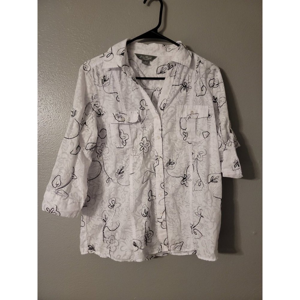 John Forsyth Chemisier White Floral 3/4 Roll Tab Sleeve Button Up Blouse Size L